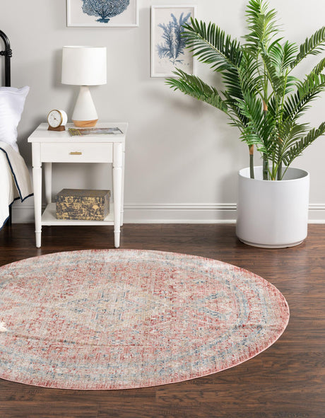Rose Rust 6' x 6' Noble Round Area Rug 100% Polyester Traditional Distressed Classic Contemporary Carpet for Home Decor for Sale at Rug Engine