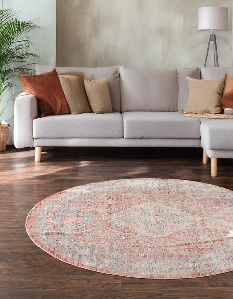 Rose Rust 6' x 6' Noble Round Area Rug 100% Polyester Traditional Distressed Classic Contemporary Carpet for Home Decor for Sale at Rug Engine