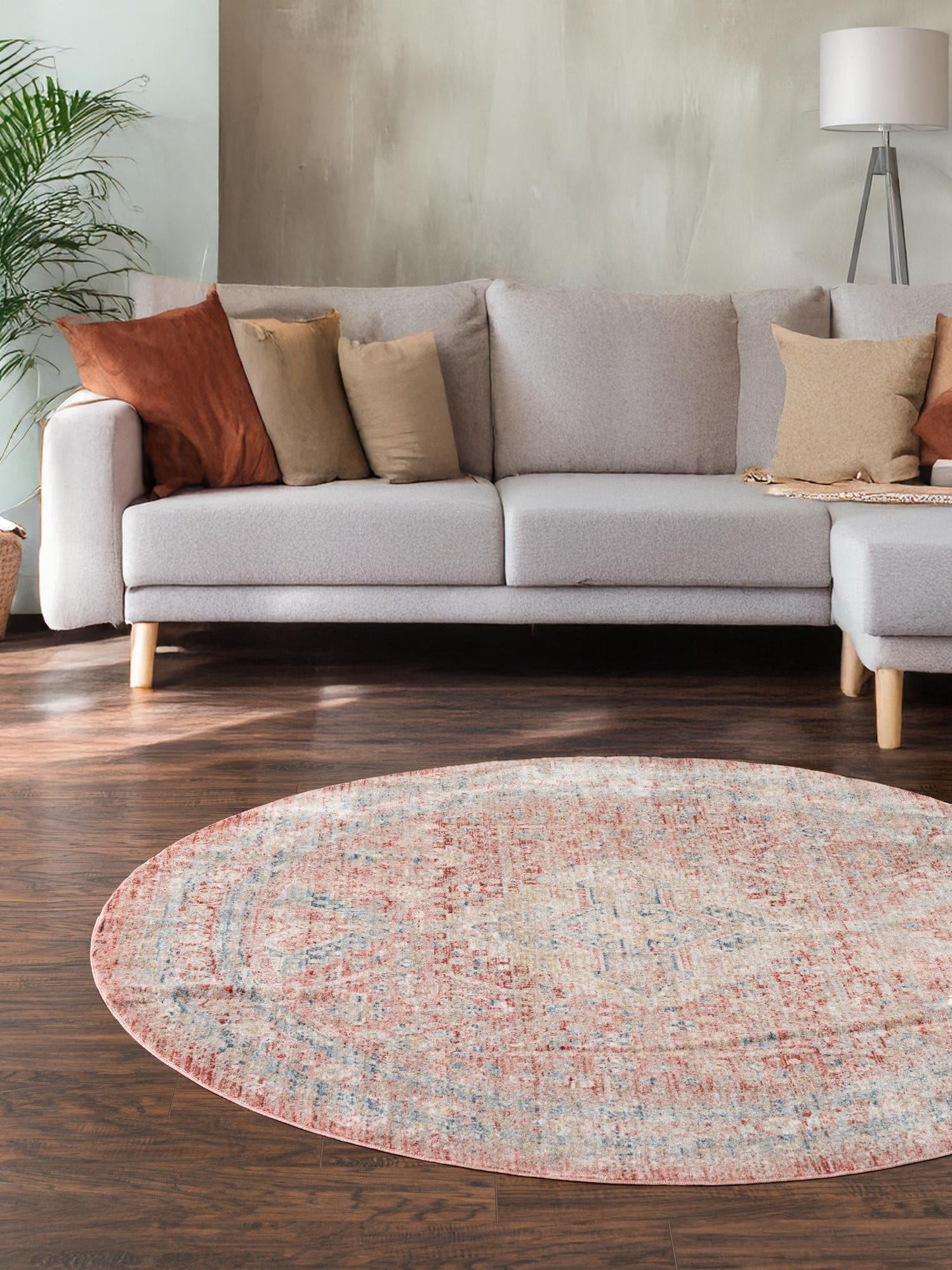 Rose Rust 5' 1 x 5' 1 Noble Round Area Rug 100% Polyester Traditional Distressed Classic Contemporary Carpet for Home Decor for Sale at Rug Engine