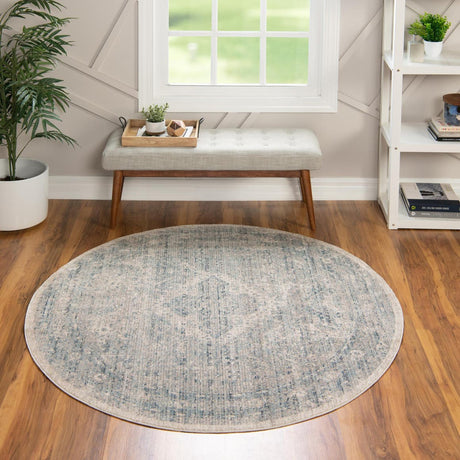 Gray 5' 1 x 5' 1 Noble Round Area Rug 100% Polyester Traditional Distressed Classic Contemporary Carpet for Home Decor for Sale at Rug Engine