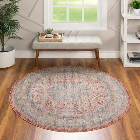 Red 5' 1 x 5' 1 Noble Round Area Rug 100% Polyester Traditional Distressed Classic Contemporary Carpet for Home Decor for Sale at Rug Engine
