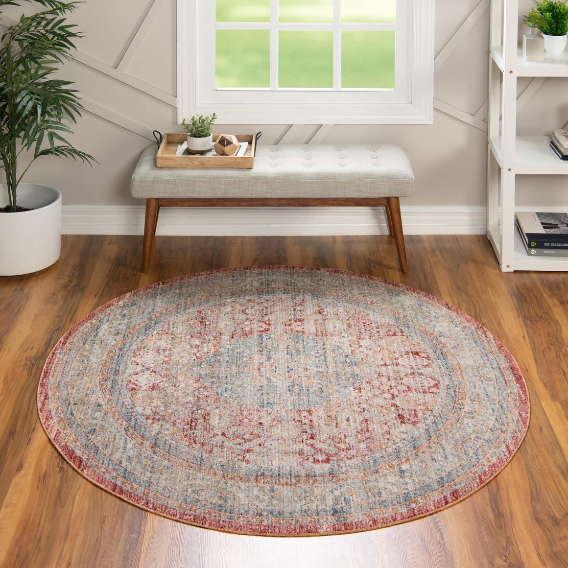 Red 6' x 6' Noble Round Area Rug 100% Polyester Traditional Distressed Classic Contemporary Carpet for Home Decor for Sale at Rug Engine
