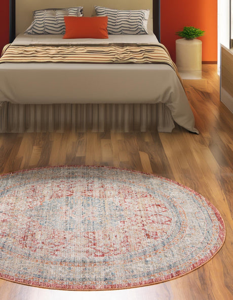 Red 5' 1 x 5' 1 Noble Round Area Rug 100% Polyester Traditional Distressed Classic Contemporary Carpet for Home Decor for Sale at Rug Engine