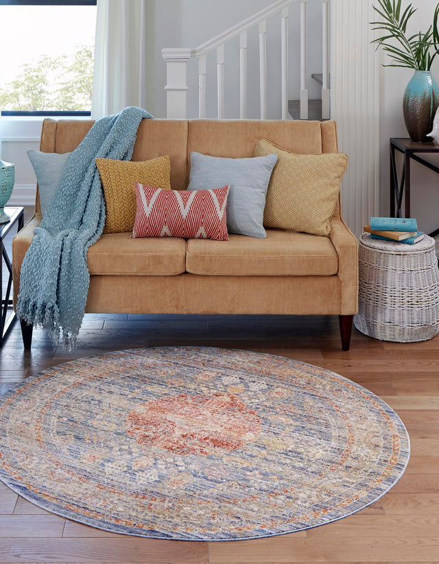 Blue 3' 10 x 3' 10 Noble Round Area Rug 100% Polyester Traditional Distressed Classic Contemporary Carpet for Home Decor for Sale at Rug Engine