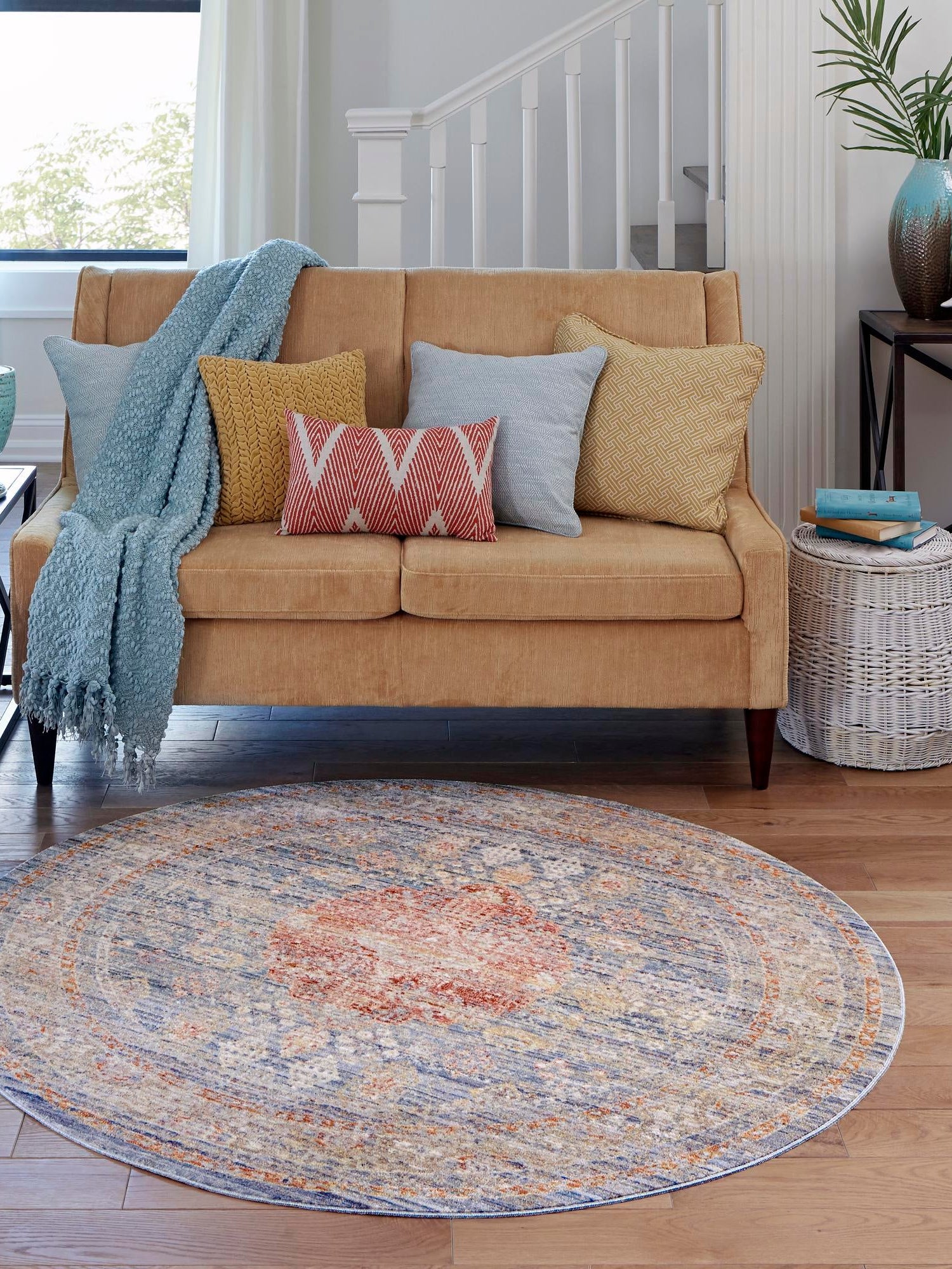 Blue 5' 1 x 5' 1 Noble Round Area Rug 100% Polyester Traditional Distressed Classic Contemporary Carpet for Home Decor for Sale at Rug Engine