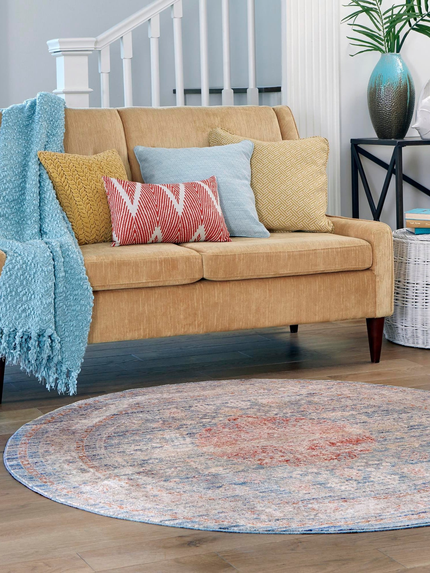 Blue 3' 10 x 3' 10 Noble Round Area Rug 100% Polyester Traditional Distressed Classic Contemporary Carpet for Home Decor for Sale at Rug Engine