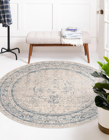 Ivory 5' 1 x 5' 1 Noble Round Area Rug 100% Polyester Traditional Distressed Classic Contemporary Carpet for Home Decor for Sale at Rug Engine