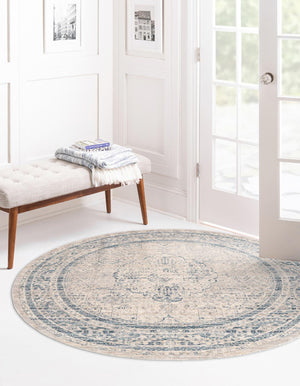Ivory 5' 1 x 5' 1 Noble Round Area Rug 100% Polyester Traditional Distressed Classic Contemporary Carpet for Home Decor for Sale at Rug Engine