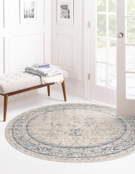 Ivory 3' 10 x 3' 10 Noble Round Area Rug 100% Polyester Traditional Distressed Classic Contemporary Carpet for Home Decor for Sale at Rug Engine