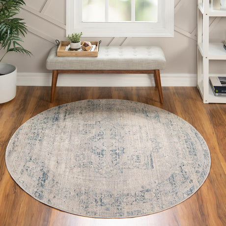 Gray 5' 1 x 5' 1 Noble Round Area Rug 100% Polyester Traditional Distressed Classic Contemporary Carpet for Home Decor for Sale at Rug Engine
