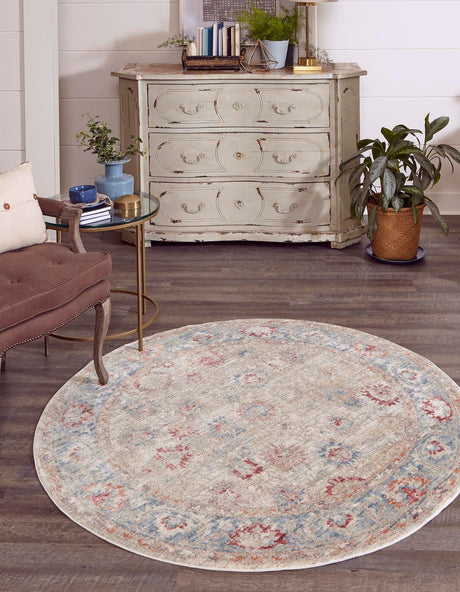 Ivory 5' 1 x 5' 1 Noble Round Area Rug 100% Polyester Traditional Distressed Classic Contemporary Carpet for Home Decor for Sale at Rug Engine