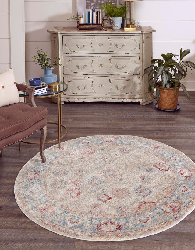 Ivory 6' x 6' Noble Round Area Rug 100% Polyester Traditional Distressed Classic Contemporary Carpet for Home Decor for Sale at Rug Engine