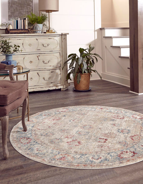 Ivory 5' 1 x 5' 1 Noble Round Area Rug 100% Polyester Traditional Distressed Classic Contemporary Carpet for Home Decor for Sale at Rug Engine