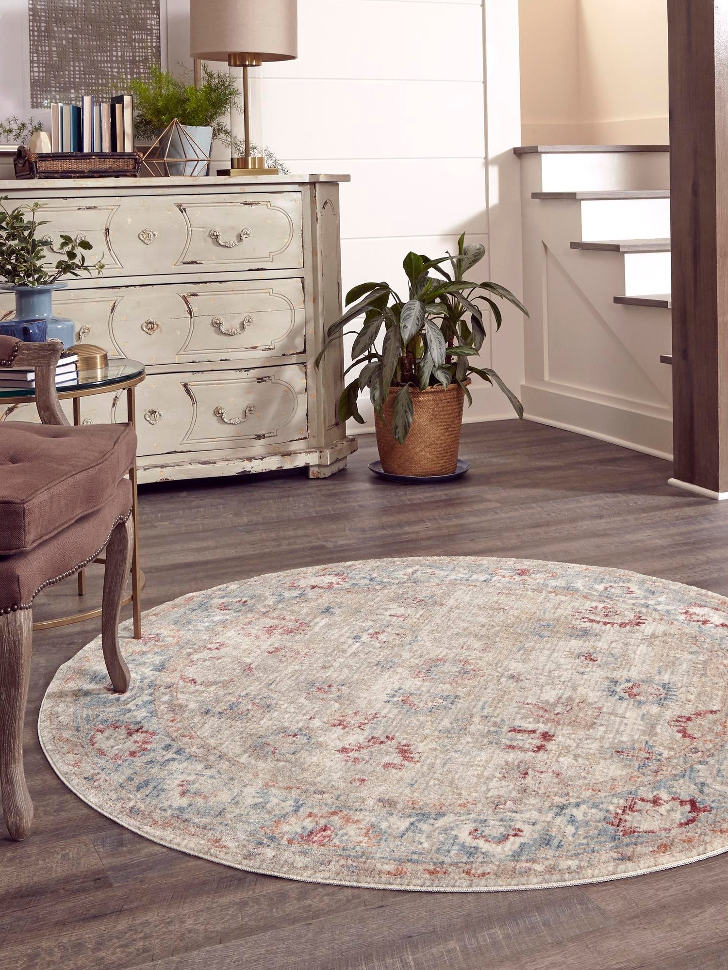 Ivory 3' 10 x 3' 10 Noble Round Area Rug 100% Polyester Traditional Distressed Classic Contemporary Carpet for Home Decor for Sale at Rug Engine