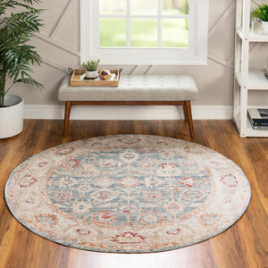 Blue 3' 10 x 3' 10 Noble Round Area Rug 100% Polyester Traditional Distressed Classic Contemporary Carpet for Home Decor for Sale at Rug Engine