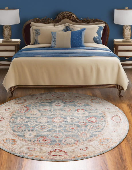 Blue 5' 1 x 5' 1 Noble Round Area Rug 100% Polyester Traditional Distressed Classic Contemporary Carpet for Home Decor for Sale at Rug Engine
