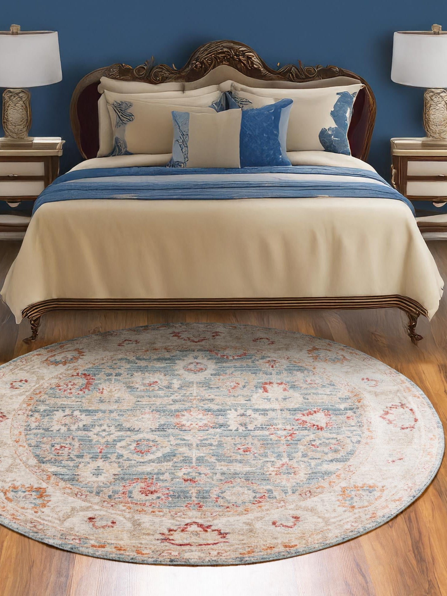 Blue 3' 10 x 3' 10 Noble Round Area Rug 100% Polyester Traditional Distressed Classic Contemporary Carpet for Home Decor for Sale at Rug Engine