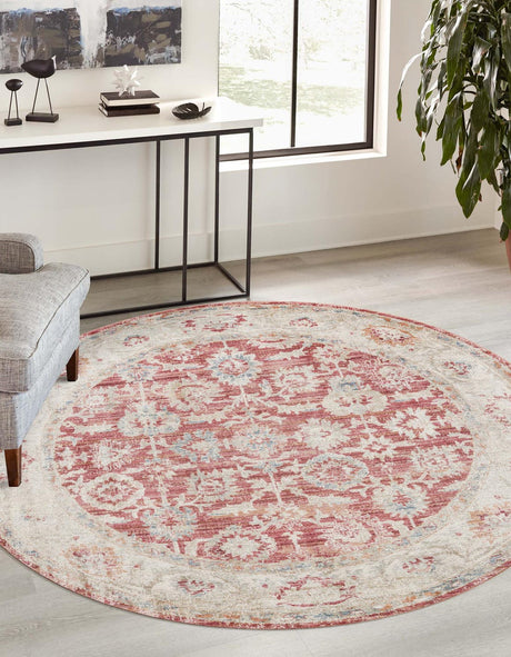 Red 6' x 6' Noble Round Area Rug 100% Polyester Traditional Distressed Classic Contemporary Carpet for Home Decor for Sale at Rug Engine