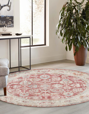 Red 5' 1 x 5' 1 Noble Round Area Rug 100% Polyester Traditional Distressed Classic Contemporary Carpet for Home Decor for Sale at Rug Engine
