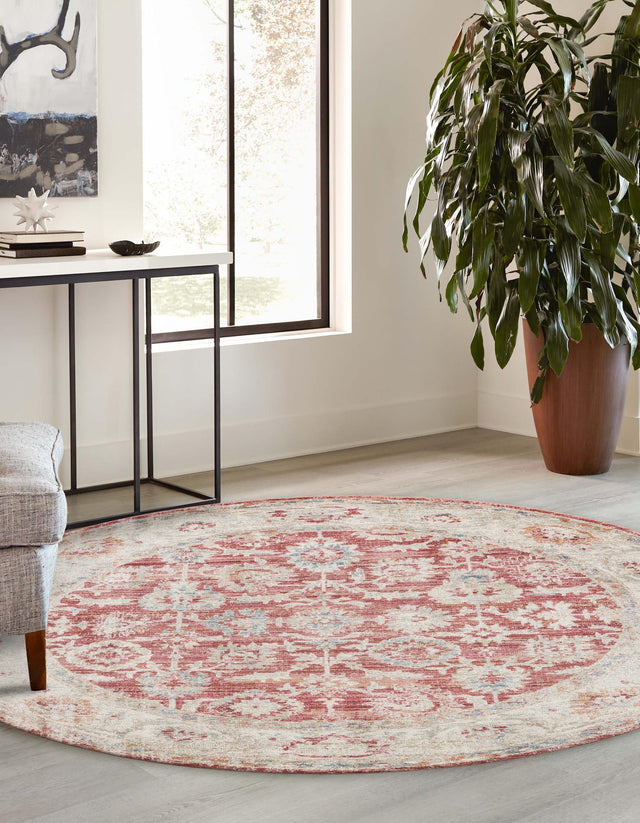Red 3' 10 x 3' 10 Noble Round Area Rug 100% Polyester Traditional Distressed Classic Contemporary Carpet for Home Decor for Sale at Rug Engine