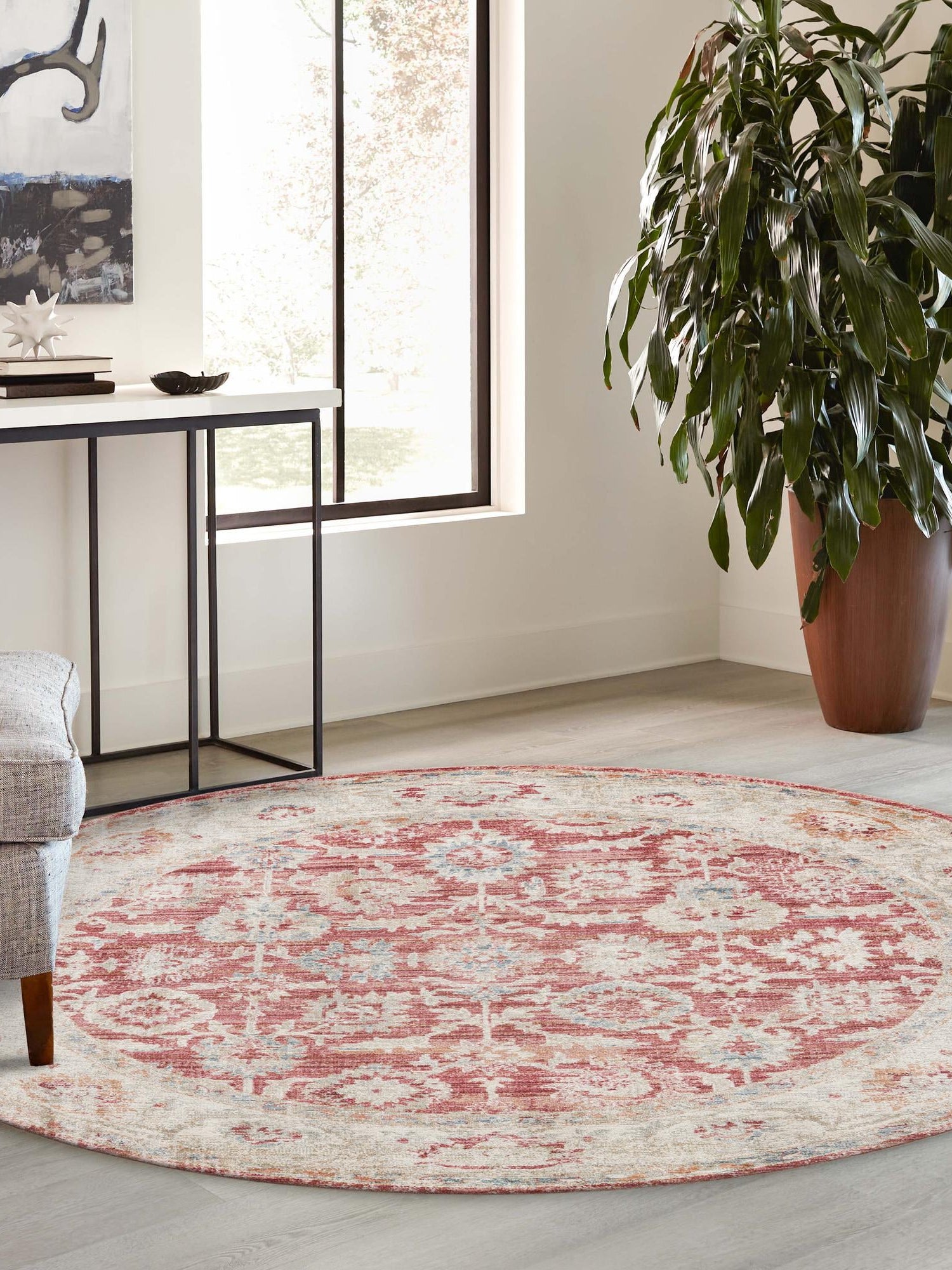 Red 6' x 6' Noble Round Area Rug 100% Polyester Traditional Distressed Classic Contemporary Carpet for Home Decor for Sale at Rug Engine