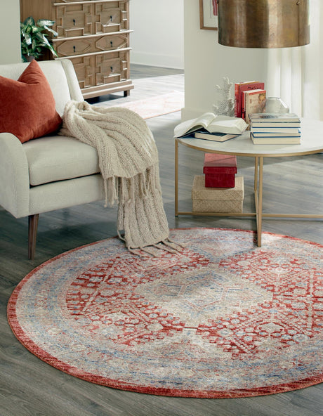 Red 5' 1 x 5' 1 Noble Round Area Rug 100% Polyester Traditional Distressed Classic Contemporary Carpet for Home Decor for Sale at Rug Engine
