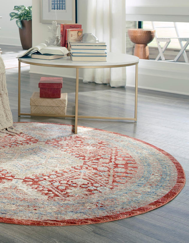 Red 5' 1 x 5' 1 Noble Round Area Rug 100% Polyester Traditional Distressed Classic Contemporary Carpet for Home Decor for Sale at Rug Engine