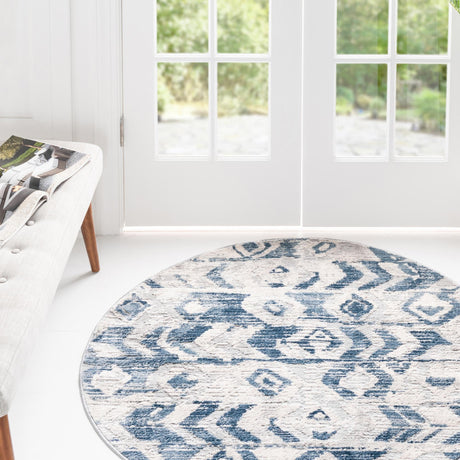 Blue 4' 1 x 4' 1 Caspian Round Area Rug 60% Polypropylene & 40% Polyester With Cotton Backing Modern Chic Carpet for Home Interior Design Decorating for Sale at Rug Engine