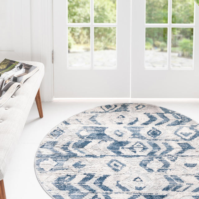 Blue 4' 1 x 4' 1 Caspian Round Area Rug 60% Polypropylene & 40% Polyester With Cotton Backing Modern Chic Carpet for Home Interior Design Decorating for Sale at Rug Engine
