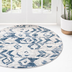 Blue 4' 1 x 4' 1 Caspian Round Area Rug 60% Polypropylene & 40% Polyester With Cotton Backing Modern Chic Carpet for Home Interior Design Decorating for Sale at Rug Engine