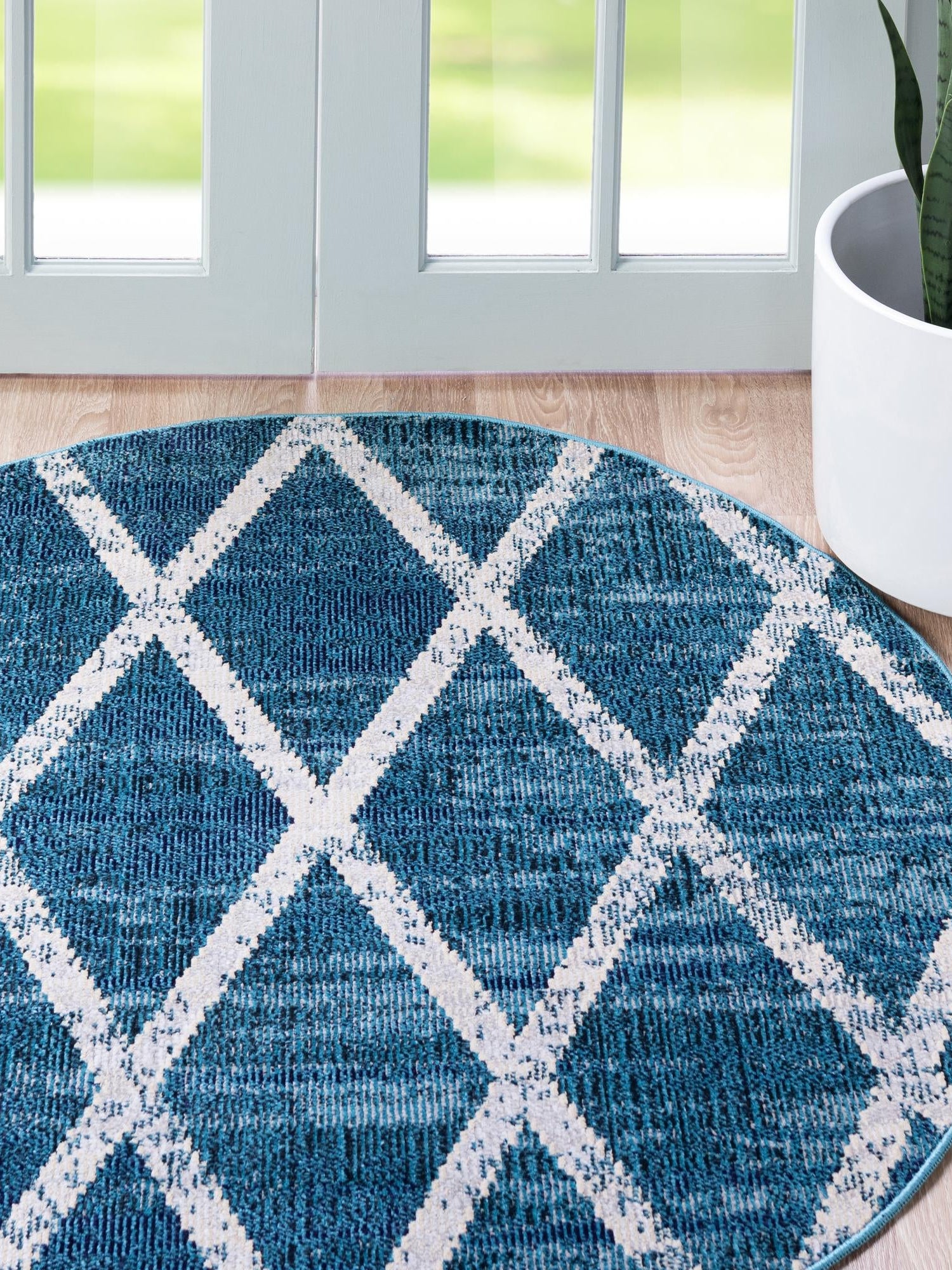 Navy Blue 7' x 7' Starlight Round Area Rug 100% Polypropylene Visually Appealing Unique Carpet for Living Rooms, Bedroom, Dining, Office for Sale at Rug Engine