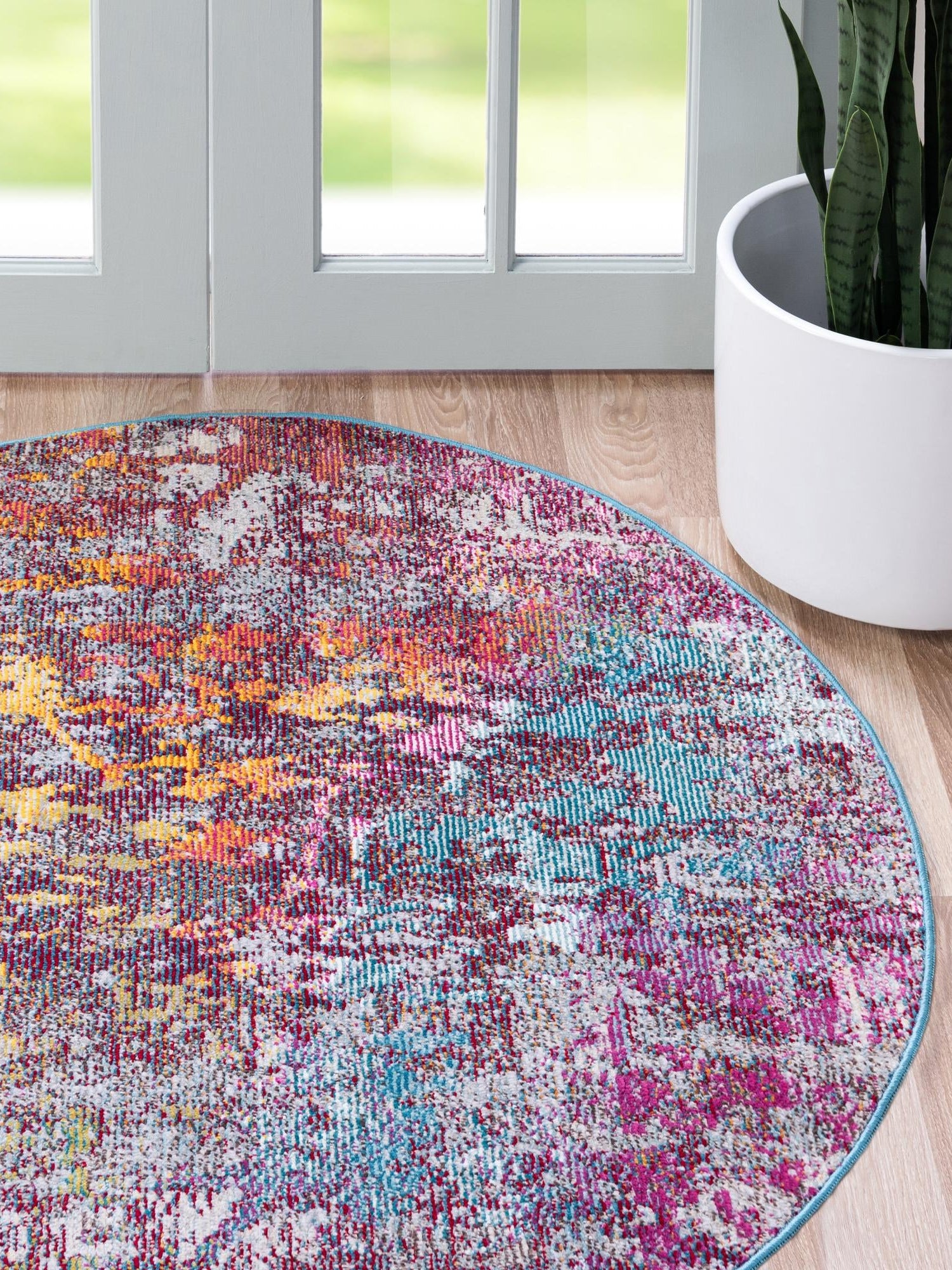 Multicolor 7' x 7' Starlight Round Area Rug 100% Polypropylene Visually Appealing Unique Carpet for Living Rooms, Bedroom, Dining, Office for Sale at Rug Engine