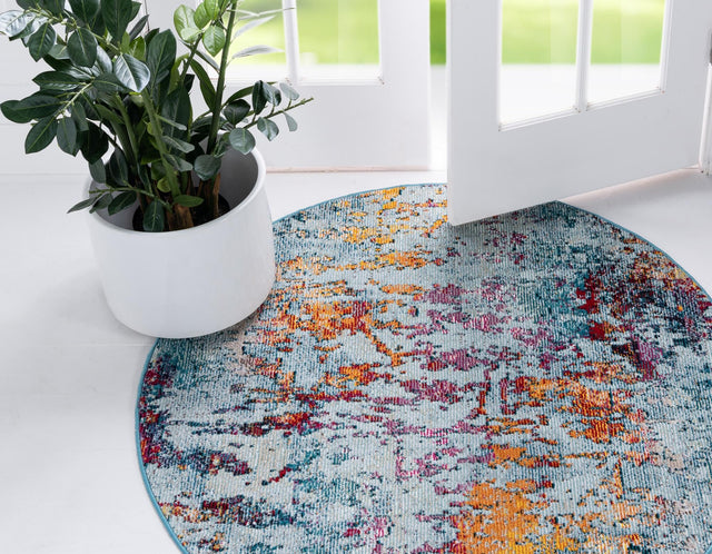 Blue and Multicolor 7' x 7' Starlight Round Area Rug 100% Polypropylene Visually Appealing Unique Carpet for Living Rooms, Bedroom, Dining, Office for Sale at Rug Engine