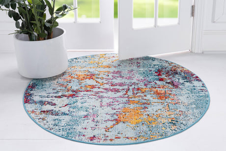 Blue and Multicolor 4' 1 x 4' 1 Starlight Round Area Rug 100% Polypropylene Visually Appealing Unique Carpet for Living Rooms, Bedroom, Dining, Office for Sale at Rug Engine