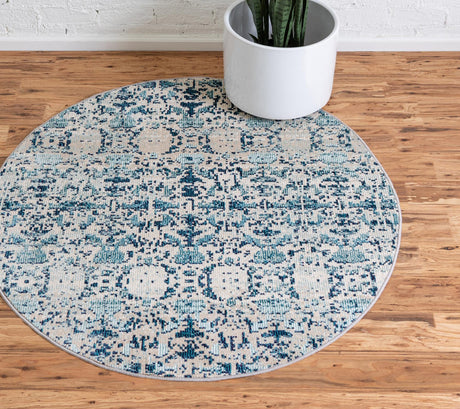 Blue 4' 1 x 4' 1 Charm Round Area Rug 100% Polypropylene With Jute Backing Traditional Vintage Distressed Look Carpet for Living Rooms Dining Office Space for Sale at Rug Engine