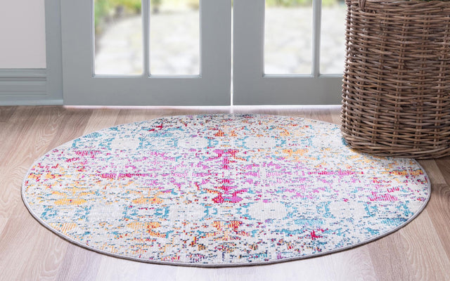 Multicolor 7' x 7' Charm Round Area Rug 100% Polypropylene With Jute Backing Traditional Vintage Distressed Look Carpet for Living Rooms Dining Office Space for Sale at Rug Engine
