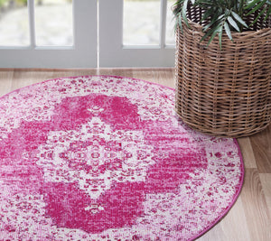 Pink 7' 1 x 7' 1 Charm Round Area Rug 100% Polypropylene With Jute Backing Traditional Vintage Distressed Look Carpet for Living Rooms Dining Office Space for Sale at Rug Engine
