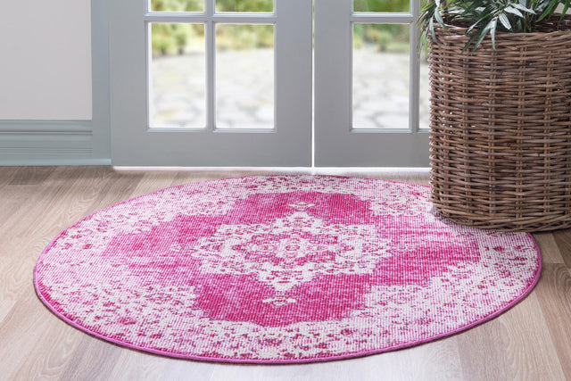 Pink 7' 1 x 7' 1 Charm Round Area Rug 100% Polypropylene With Jute Backing Traditional Vintage Distressed Look Carpet for Living Rooms Dining Office Space for Sale at Rug Engine