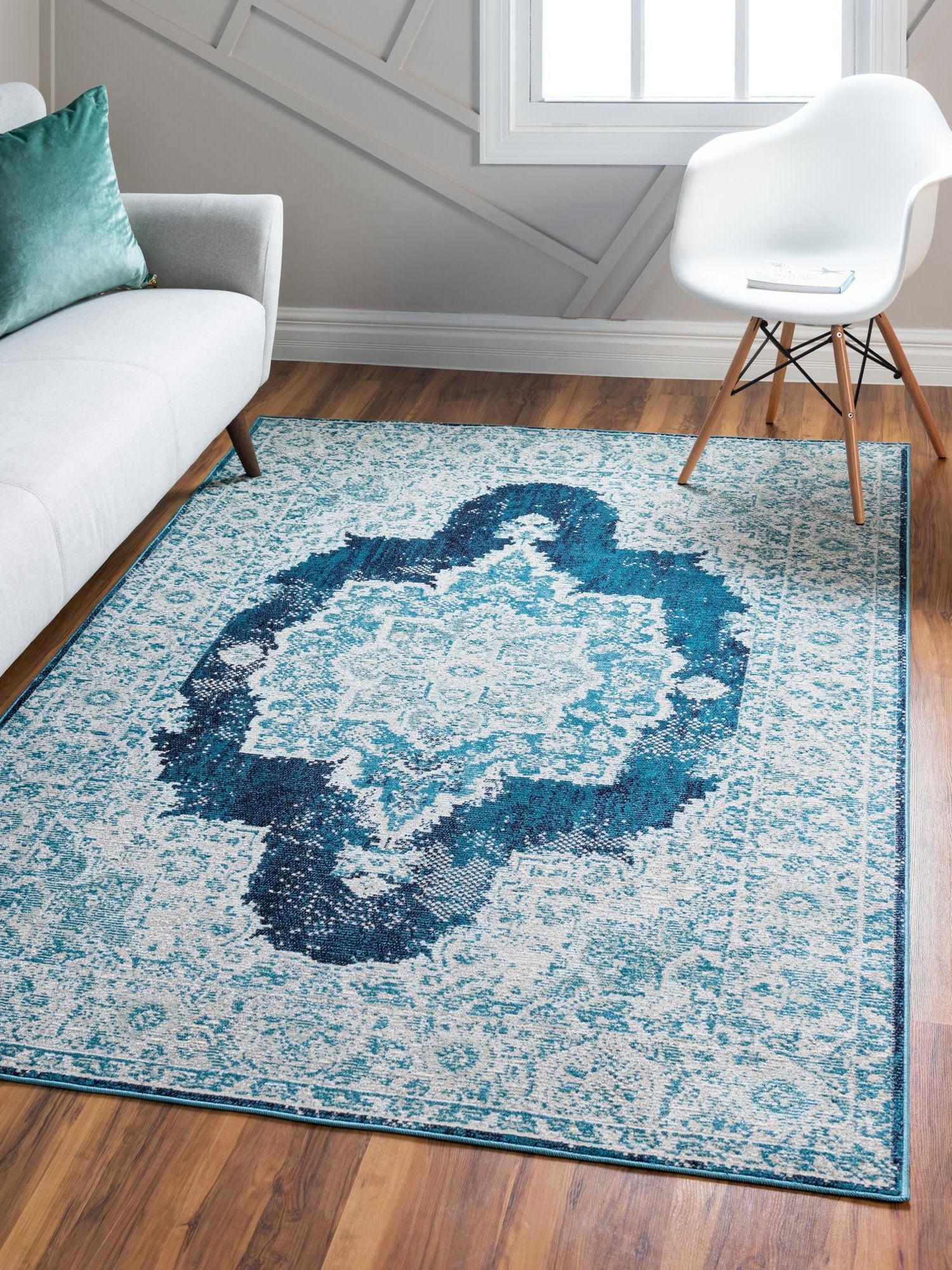 Navy Blue 4' 1 x 6' 1 Charm Rectangle Area Rug 100% Polypropylene With Jute Backing Traditional Vintage Distressed Look Carpet for Living Rooms Dining Office Space for Sale at Rug Engine
