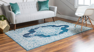 Navy Blue 4' 1 x 6' 1 Charm Rectangle Area Rug 100% Polypropylene With Jute Backing Traditional Vintage Distressed Look Carpet for Living Rooms Dining Office Space for Sale at Rug Engine