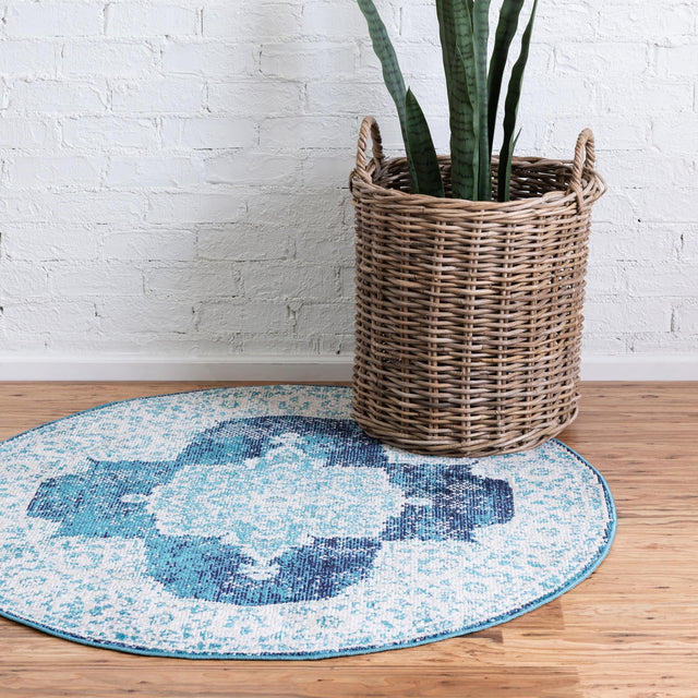 Navy Blue 7' 1 x 7' 1 Charm Round Area Rug 100% Polypropylene With Jute Backing Traditional Vintage Distressed Look Carpet for Living Rooms Dining Office Space for Sale at Rug Engine