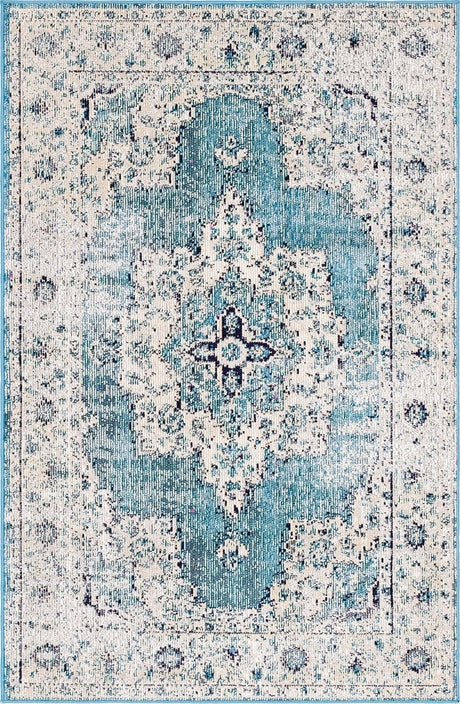 Turquoise 4' 1 x 6' 1 Charm Rectangle Area Rug 100% Polypropylene With Jute Backing Traditional Vintage Distressed Look Carpet for Living Rooms Dining Office Space for Sale at Rug Engine