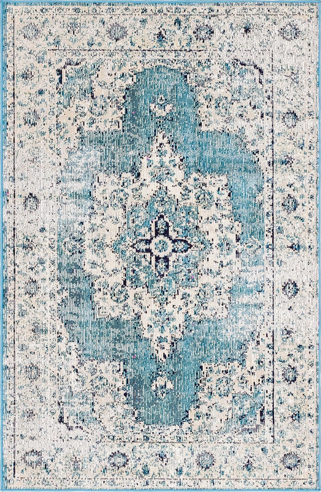 Turquoise 4' 1 x 6' 1 Charm Rectangle Area Rug 100% Polypropylene With Jute Backing Traditional Vintage Distressed Look Carpet for Living Rooms Dining Office Space for Sale at Rug Engine