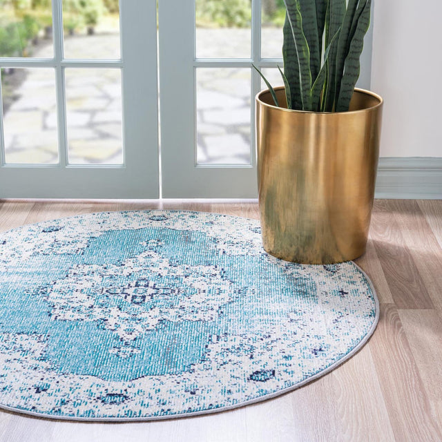 Turquoise 4' 1 x 4' 1 Charm Round Area Rug 100% Polypropylene With Jute Backing Traditional Vintage Distressed Look Carpet for Living Rooms Dining Office Space for Sale at Rug Engine
