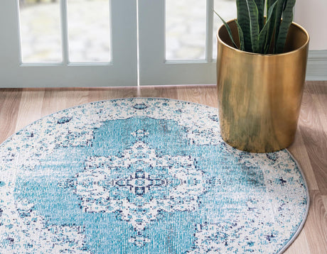 Turquoise 4' 1 x 4' 1 Charm Round Area Rug 100% Polypropylene With Jute Backing Traditional Vintage Distressed Look Carpet for Living Rooms Dining Office Space for Sale at Rug Engine