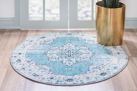 Turquoise 7' 1 x 7' 1 Charm Round Area Rug 100% Polypropylene With Jute Backing Traditional Vintage Distressed Look Carpet for Living Rooms Dining Office Space for Sale at Rug Engine