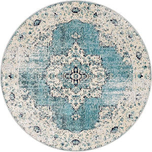 Turquoise 4' 1 x 4' 1 Charm Round Area Rug 100% Polypropylene With Jute Backing Traditional Vintage Distressed Look Carpet for Living Rooms Dining Office Space for Sale at Rug Engine