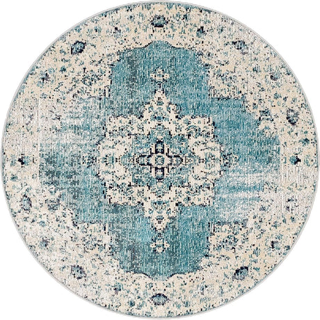 Turquoise 4' 1 x 4' 1 Charm Round Area Rug 100% Polypropylene With Jute Backing Traditional Vintage Distressed Look Carpet for Living Rooms Dining Office Space for Sale at Rug Engine