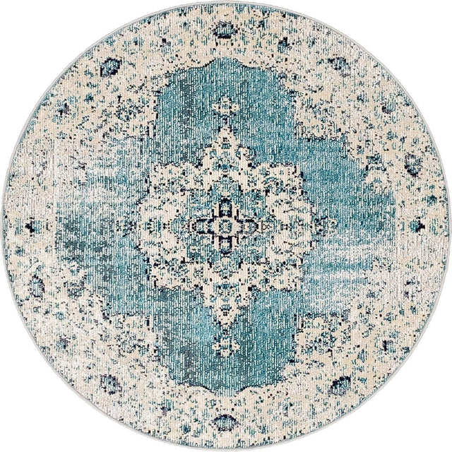 Turquoise 4' 1 x 4' 1 Charm Round Area Rug 100% Polypropylene With Jute Backing Traditional Vintage Distressed Look Carpet for Living Rooms Dining Office Space for Sale at Rug Engine