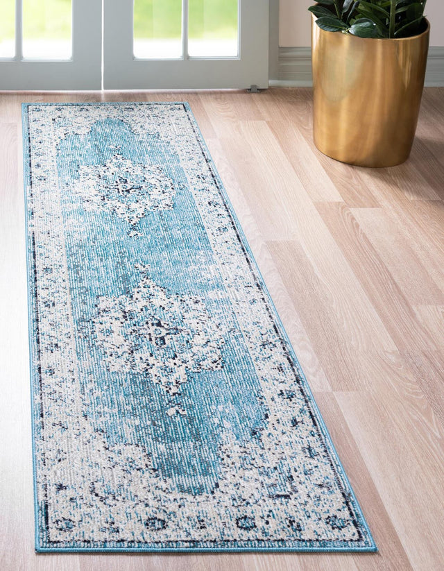 Turquoise 2' 2 x 6' Charm Runner Area Rug 100% Polypropylene With Jute Backing Traditional Vintage Distressed Look Carpet for Living Rooms Dining Office Space for Sale at Rug Engine